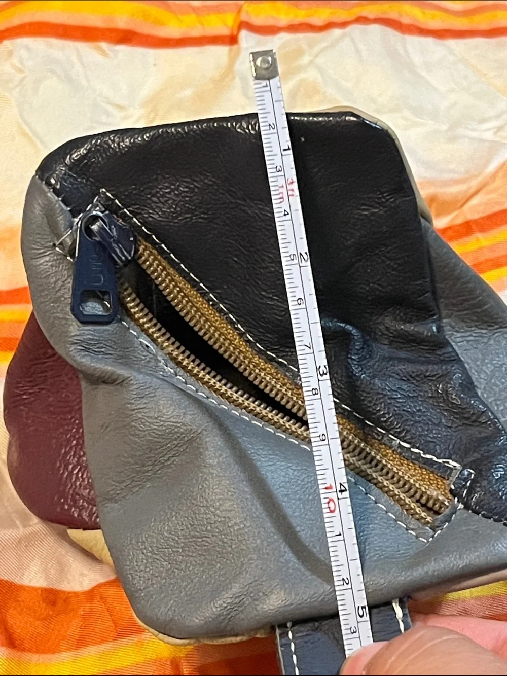 Tri-Color Leather Cosmetic Pouch in Black, Gray and Cream